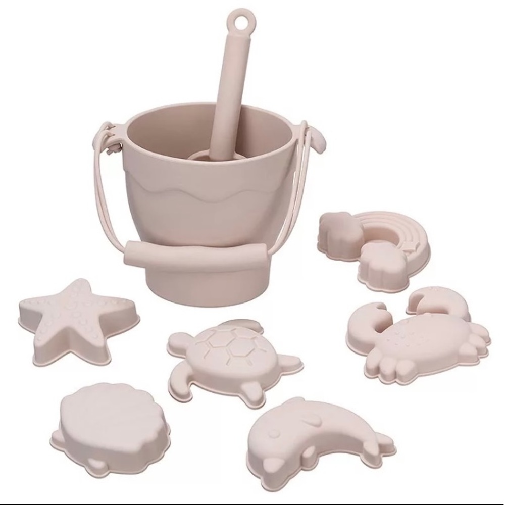 Kids Silicone Sand Toys Beige Color Beach Water Play Bucket Shovel 6 Molds NEW